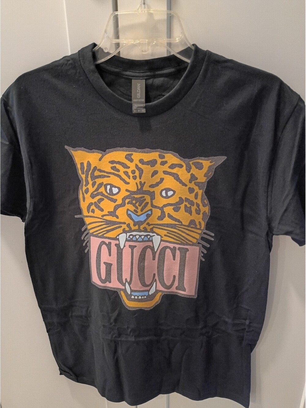 Gildan Heavy Cotton Black Graphic T-Shirt with Leopard and GUCCI Print, Men's M